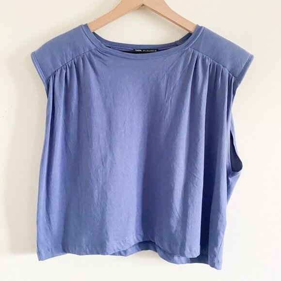 Zara Blue Cropped Muscle Tee Size M | Sleeveless Boxy Fit Cotton Top - Picture 1 of 5